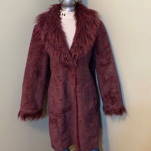Long Reversible Teddy Coat in Burgundy with Faux Fur Trim